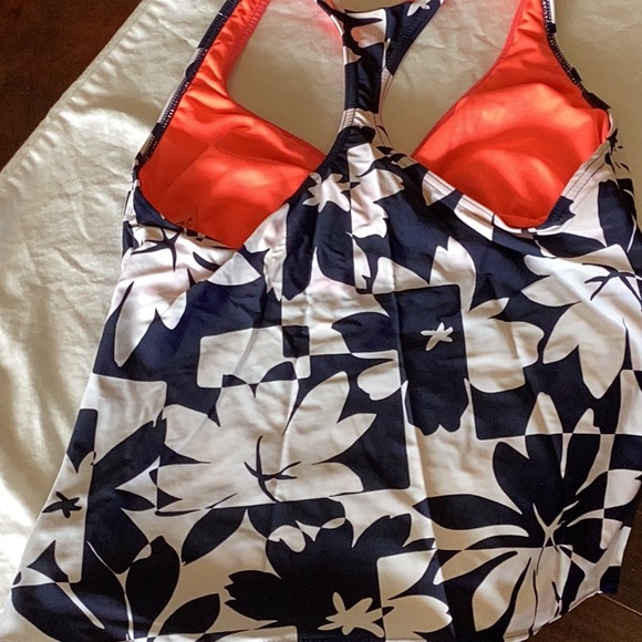 Tankini racerback top sz 14, Blue & White Floral w/accent orange - Picture 5 of 10